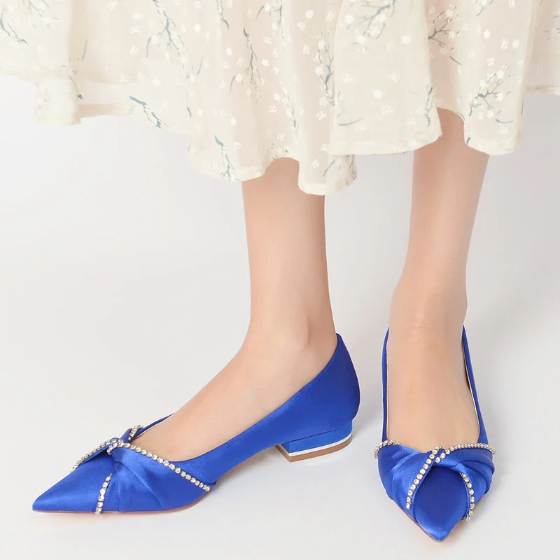 Women's Wedding Shoes Pointed Toe Flat Heel Comfortable Rhinestone Bridal Shoes with Crossed Knot - Image 3
