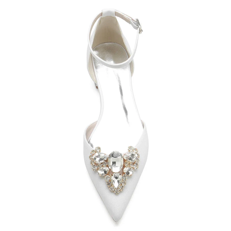 Women's Wedding Shoes Pointed Toe Flat Heel Elegant Buckle Bridal Shoes with Rhinestone - Image 4