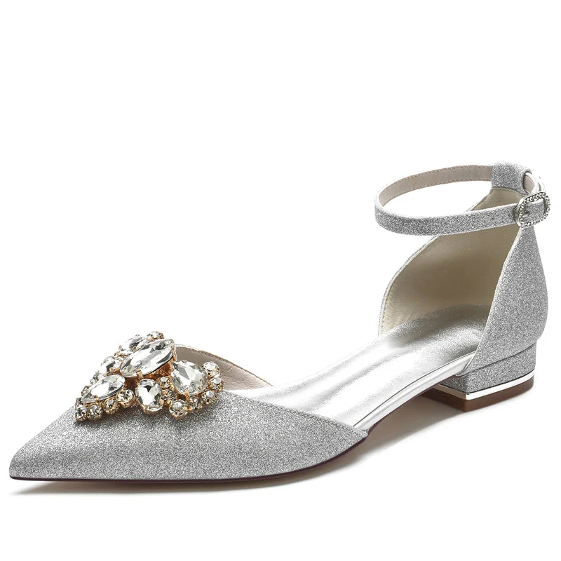 Women's Wedding Shoes Pointed Toe Flat Heel Elegant Buckle Bridal Shoes with Rhinestone - Image 5