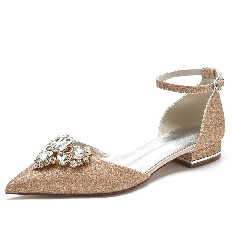 Women's Wedding Shoes Pointed Toe Flat Heel Elegant Buckle Bridal Shoes with Rhinestone - Image 6