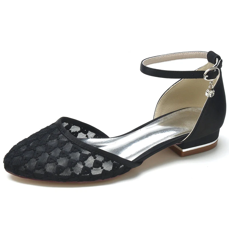 Women's Wedding Shoes Pointed Toe Flat Heel Retro Knitted Buckle Bridal Shoes - Image 7