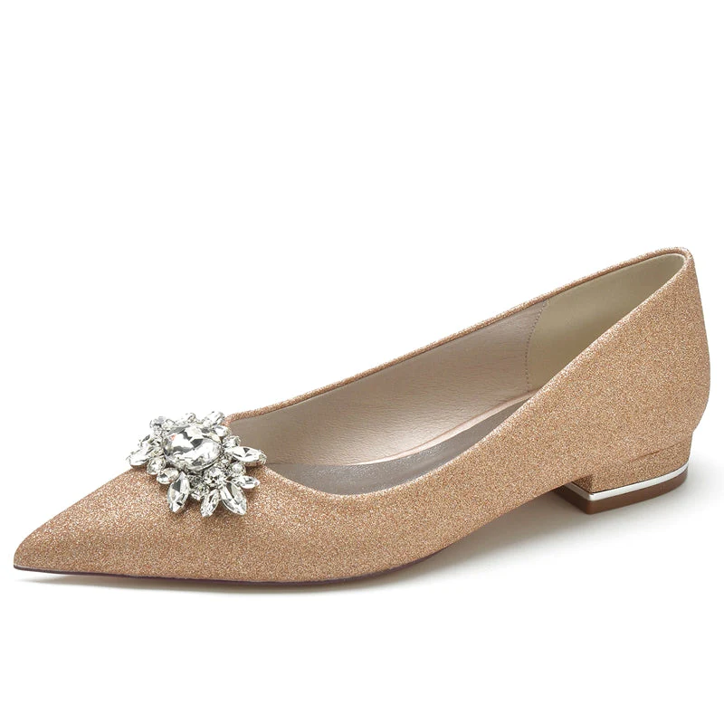 Women's Wedding Shoes Pointed Toe Flat Heel Sparkling Bridal Shoes with Rhinestone