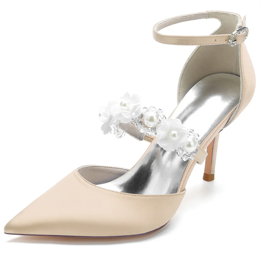 Women's Wedding Shoes Pointed Toe High Heel Bridal Shoes with Pearls & Flowers - Image 11