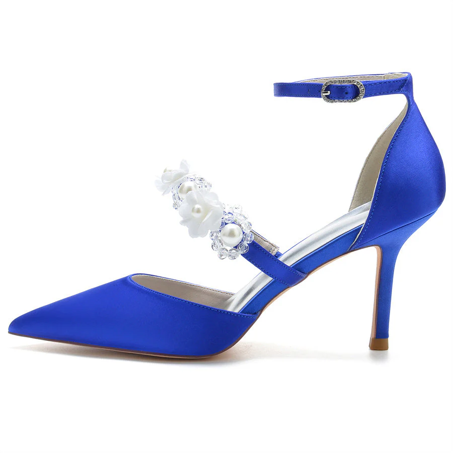 Women's Wedding Shoes Pointed Toe High Heel Bridal Shoes with Pearls & Flowers - Image 5