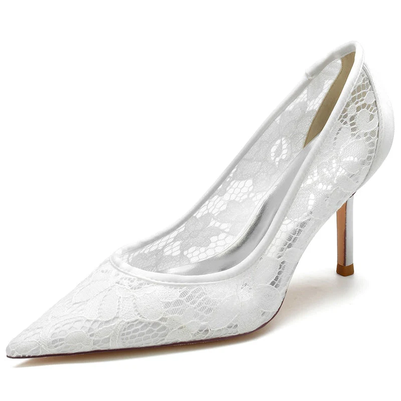Women's Wedding Shoes Pointed Toe High Heel Simple Bridal Shoes with Lace Appliques
