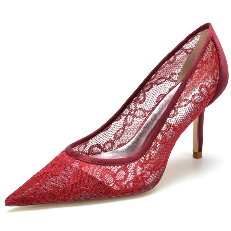 Women's Wedding Shoes Pointed Toe High Heel Simple Bridal Shoes with Lace Appliques - Image 8