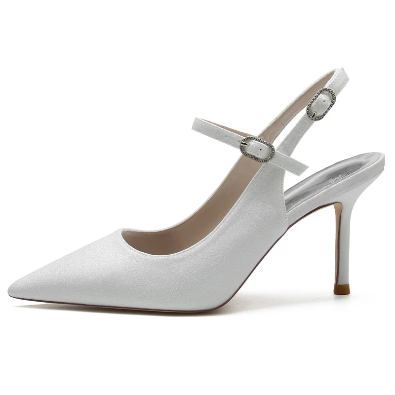 Women's Wedding Shoes Pointed Toe High Heel Stretch Glitter Luxurious Buckle Bridal Shoes - Image 3