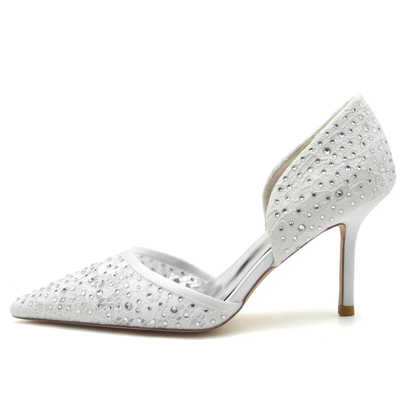 Women's Wedding Shoes Pointed Toe High Stiletto Heel Lace Bridal Shoes with Crystal - Image 4