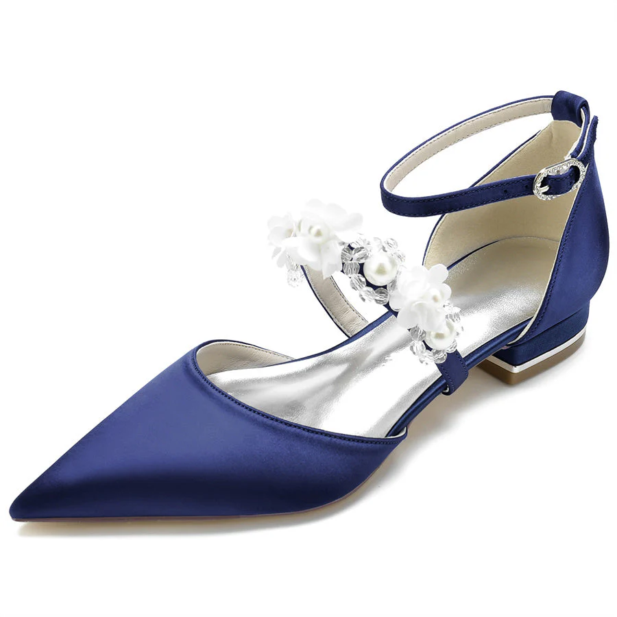 Women's Wedding Shoes Pointed Toe Low Heel Bridal Shoes with Pearls & Flowers - Image 11