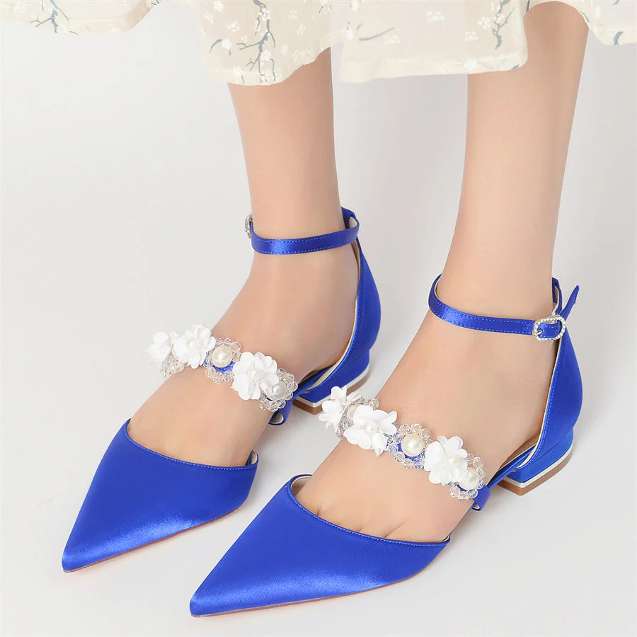 Women's Wedding Shoes Pointed Toe Low Heel Bridal Shoes with Pearls & Flowers - Image 2