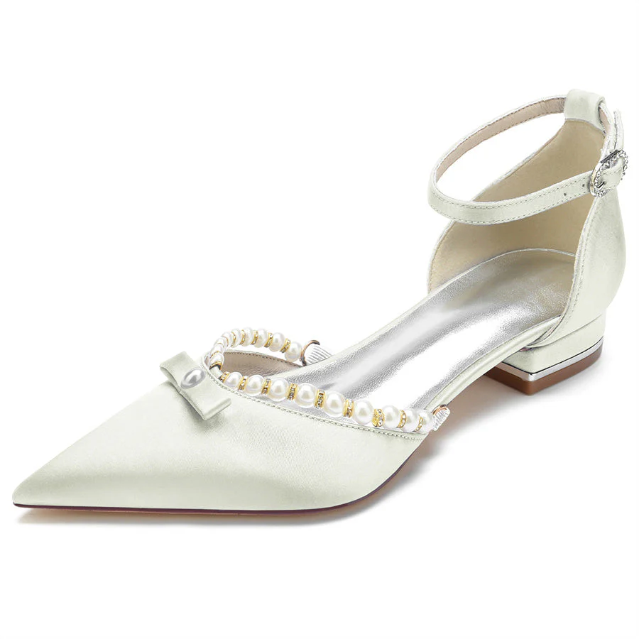 Women's Wedding Shoes Pointed Toe Low Heel Elegant Bridal Shoes with Pearls - Image 12