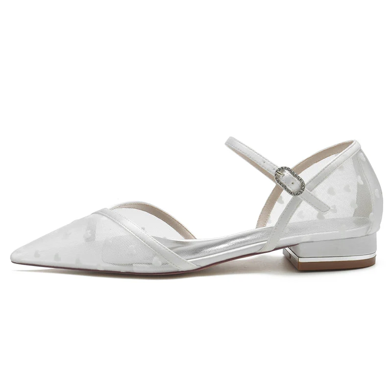 Women's Wedding Shoes Pointed Toe Low Heel Tulle Buckle Bridal Shoes with Printed Heart - Image 3