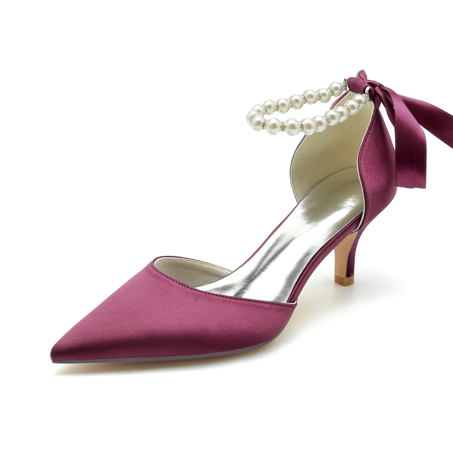 Women's Wedding Shoes Pointed Toe Silk Satin Pearl Mid Heel Bow Bridal Shoes - Image 8