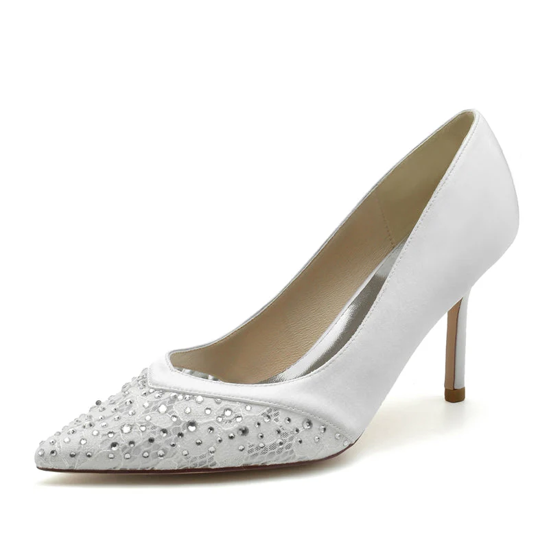 Women's Wedding Shoes Pointed Toe Stiletto Heel Lace Bridal Shoes with Mini Crystal - Image 2