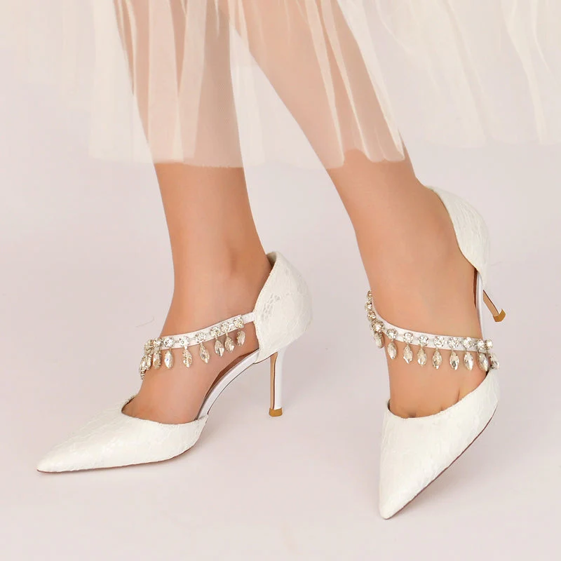 Women's Wedding Shoes Pointed Toe Stiletto Heel Lace Rhinestone Strap Bridal Shoes - Image 6