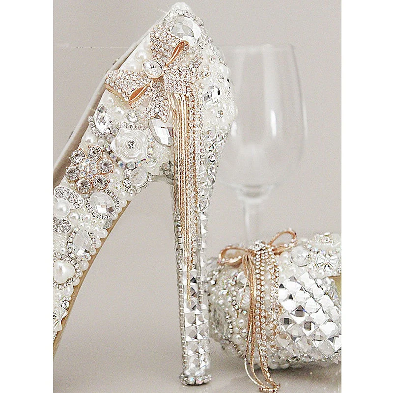 Women's Wedding Shoes Rhinestone Crystal Imitation Pearl Bowknot Tassel Stiletto High Heel Platform Closed Toe Bridal Shoes - Image 2