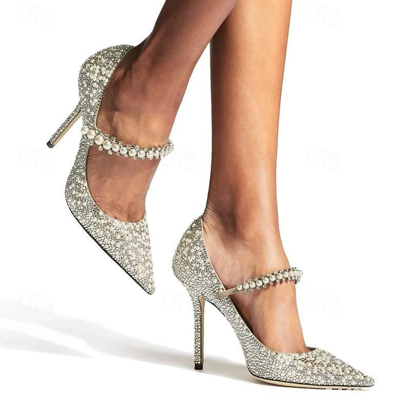 Women's Wedding Shoes Rhinestone Sparkling Shoes Flat Heel Pointed Toe Bridal Shoes - Image 6