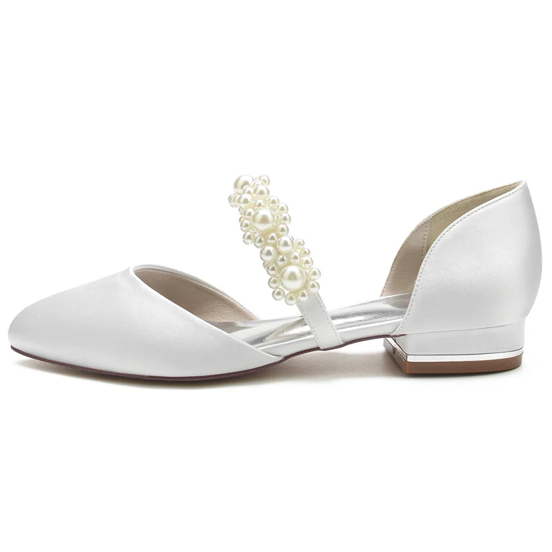 Women's Wedding Shoes Round Toe Low Heel Pearl Straps Elegant Bridal Shoes - Image 2