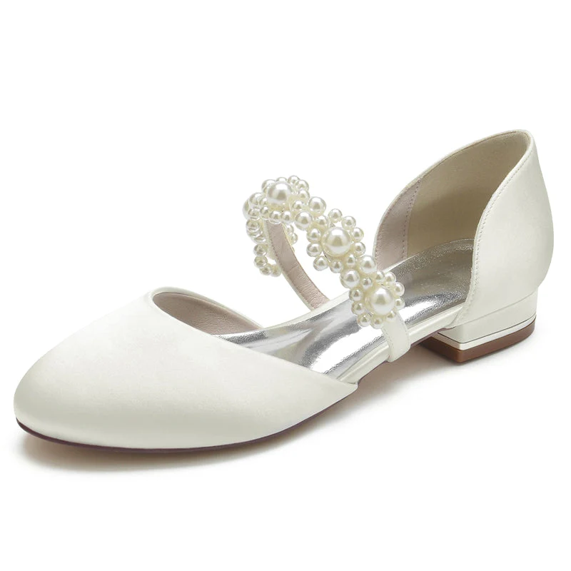 Women's Wedding Shoes Round Toe Low Heel Pearl Straps Elegant Bridal Shoes - Image 5