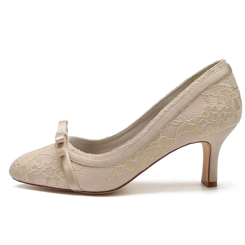 Women's Wedding Shoes Round Toe Mid Heel Lace Exquisite Bridal Shoes with Bowknot - Image 2
