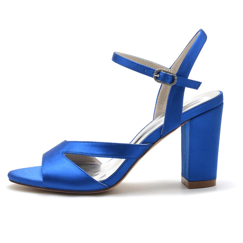 Women's Wedding Shoes Royal Blue Opened Toe Sturdy Heel Fashion Buckle Bridal Shoes - Image 3