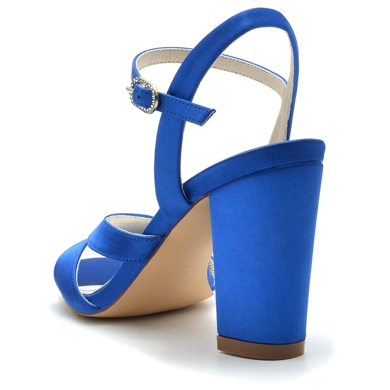 Women's Wedding Shoes Royal Blue Opened Toe Sturdy Heel Fashion Buckle Bridal Shoes - Image 4