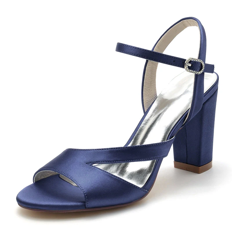 Women's Wedding Shoes Royal Blue Opened Toe Sturdy Heel Fashion Buckle Bridal Shoes - Image 5