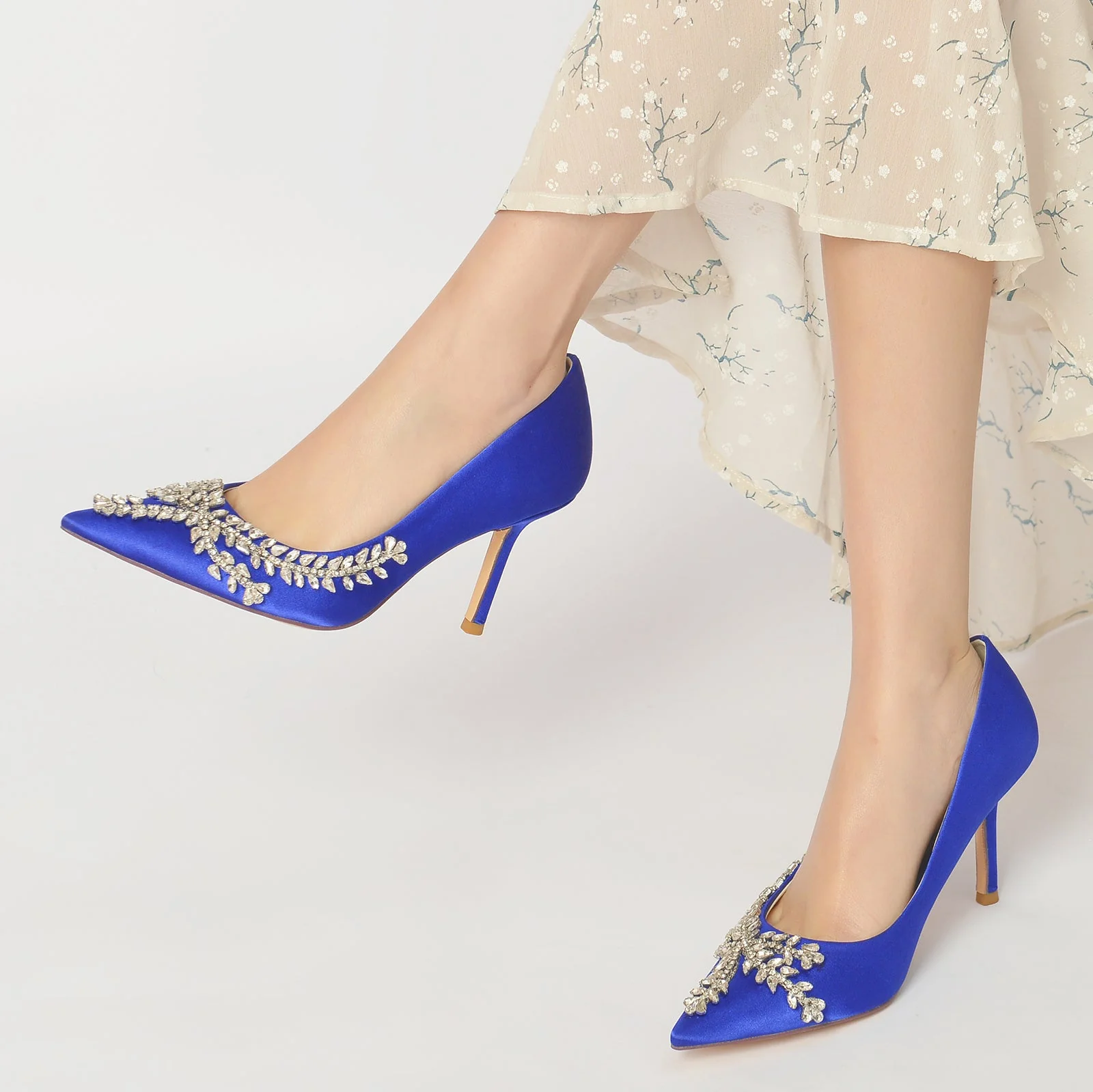 Women's Wedding Shoes Royal Blue Satin Crystal Stiletto Pointed Toe Bridal Shoes - Image 2