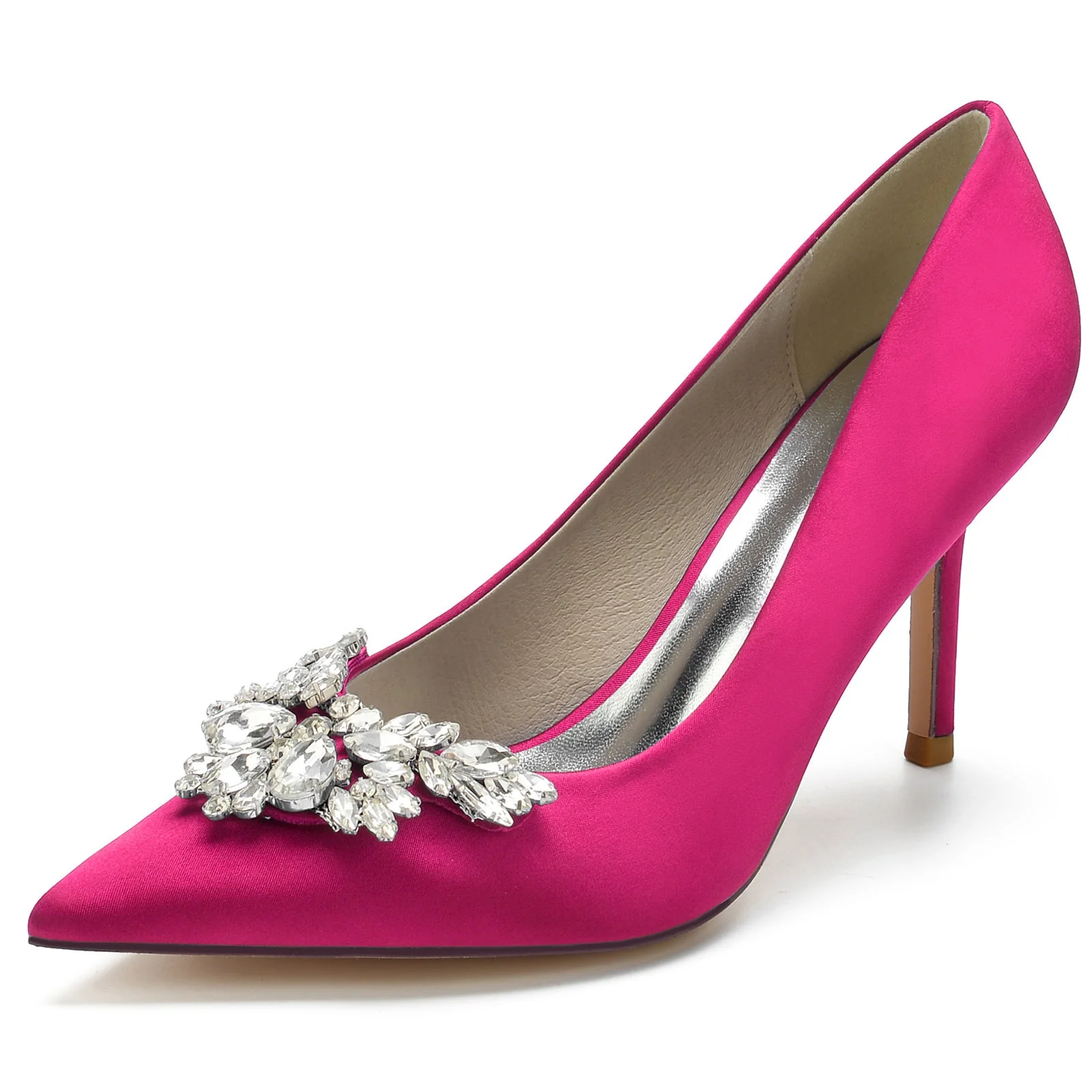 Women's Wedding Shoes Satin Crystal Swing Stiletto Pointed Toe Bridal Shoes - Image 9