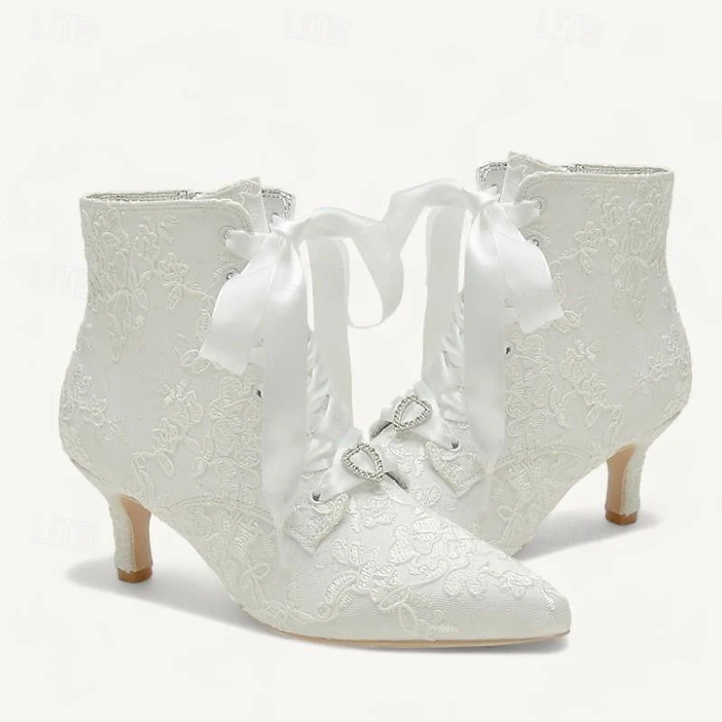 Women's Wedding Shoes Satin Flower Kitten Heel Stiletto Pointed Toe Wedding Heels Bridal Shoes - Image 4