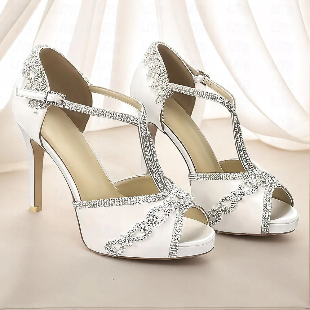 Women's Wedding Shoes Satin Flower Platform Stiletto Peep Toe Wedding Heels Bridal Shoes - Image 2