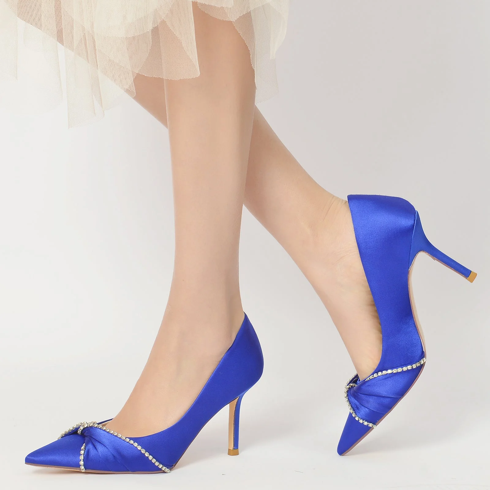 Women's Wedding Shoes Satin Imitation Crystal Stiletto Pointed Toe Bridal Shoes - Image 6