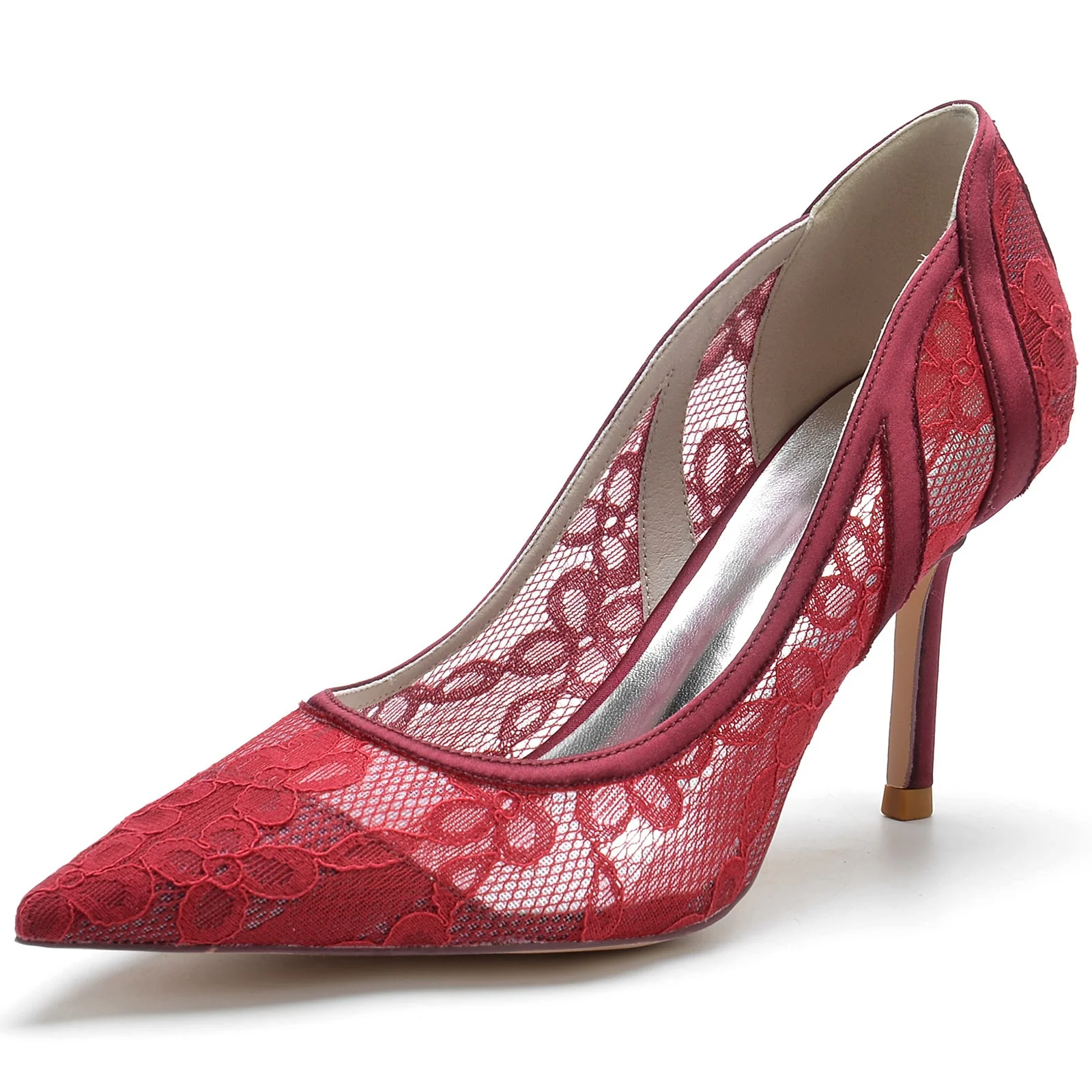 Women's Wedding Shoes Satin Stiletto Pointed Toe Lace Bridal Shoes - Image 7