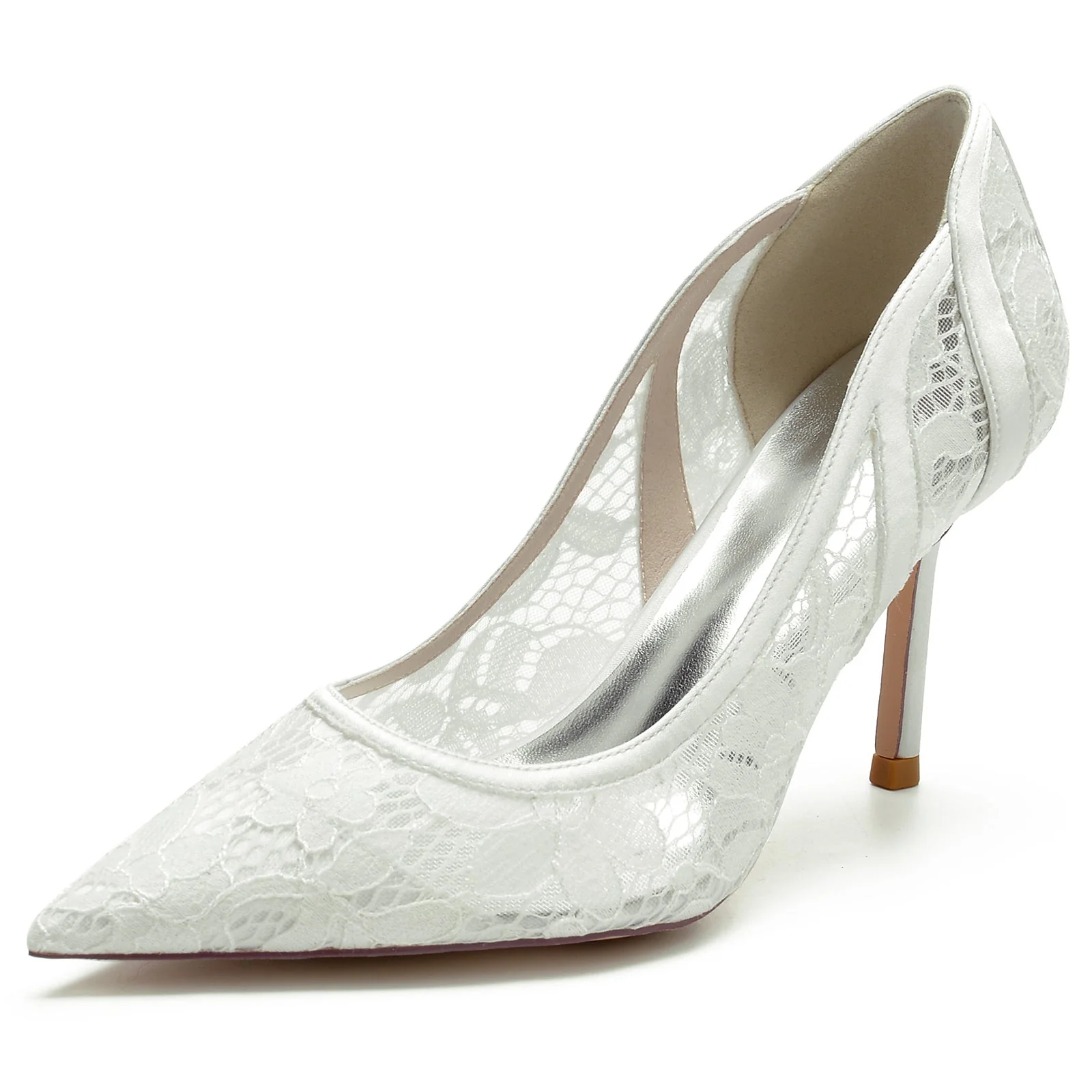 Women's Wedding Shoes Satin Stiletto Pointed Toe Lace Bridal Shoes - Image 9
