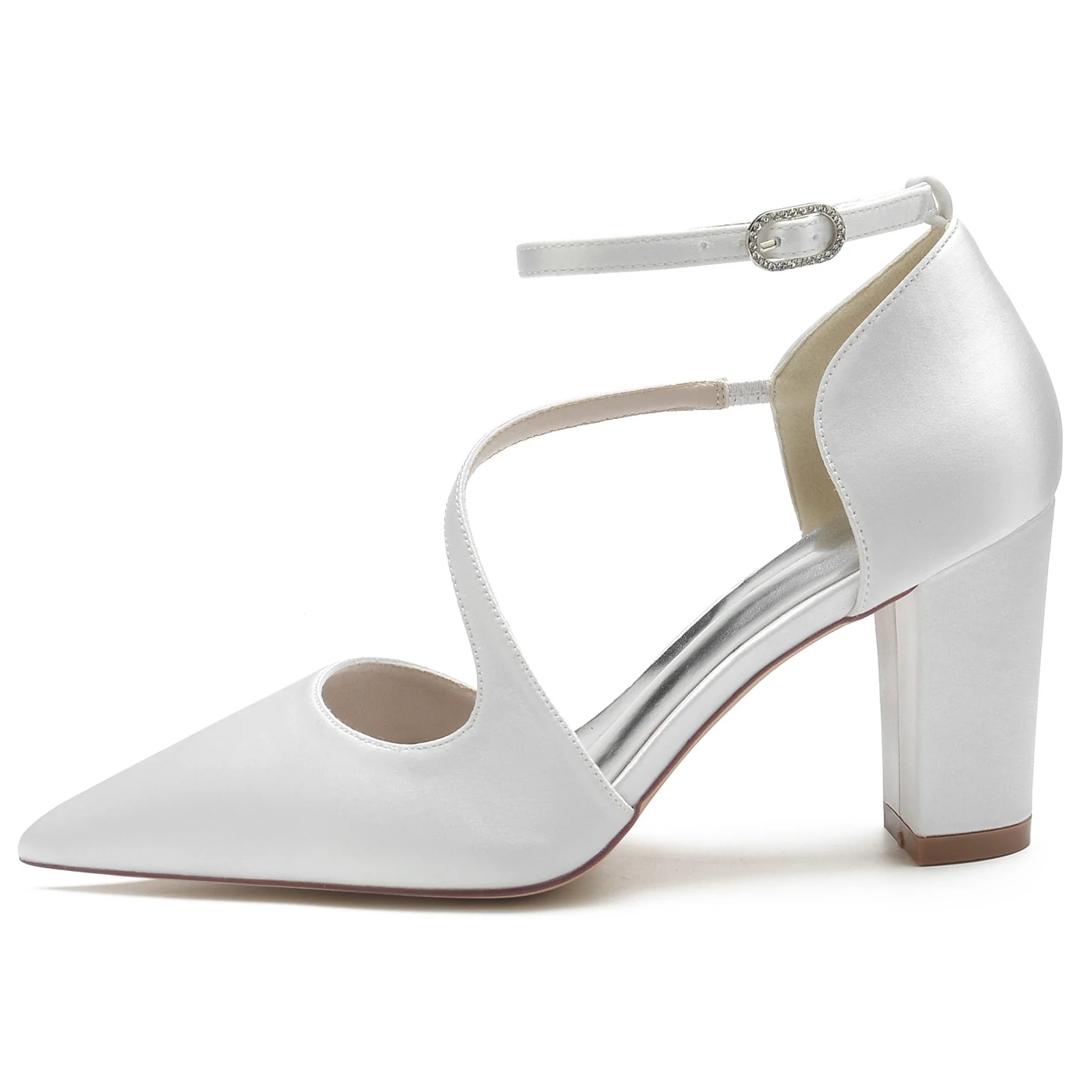 Women's Wedding Shoes Silk Satin Block Pointed Toe Buckle Minimalism Bridal Shoes - Image 2