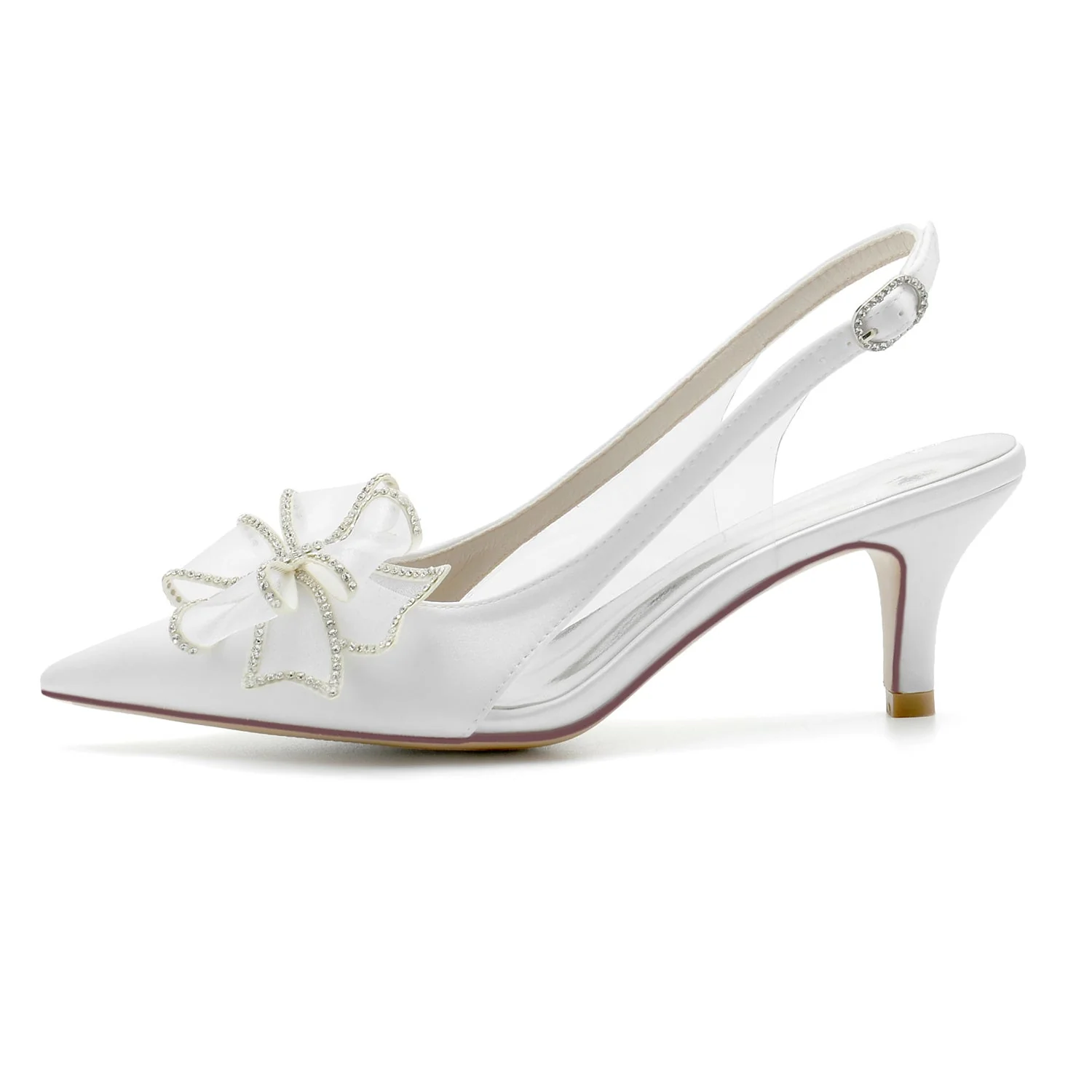 Women's Wedding Shoes Silk Satin Bow Mid Heel Pointed Toe Buckle Bridal Shoes - Image 3
