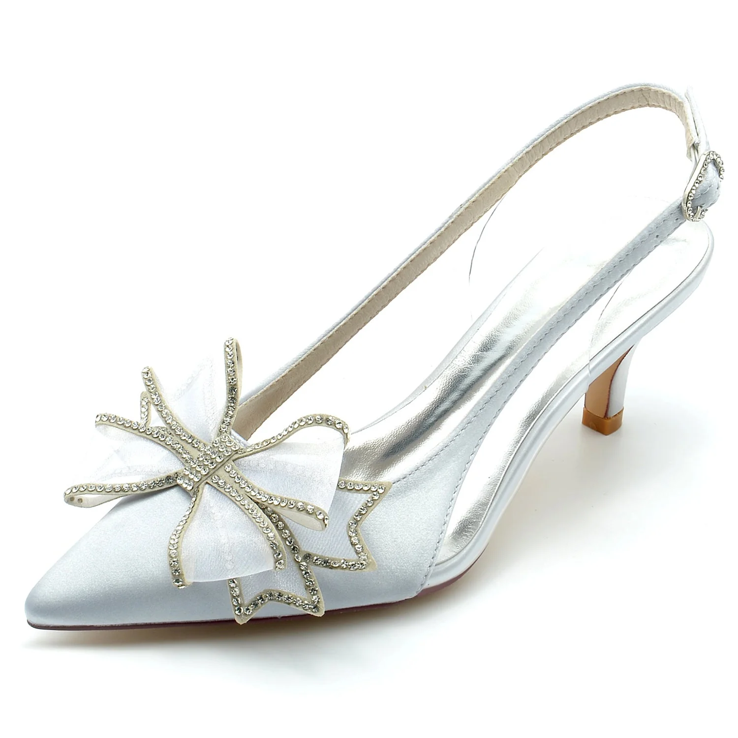 Women's Wedding Shoes Silk Satin Bow Mid Heel Pointed Toe Buckle Bridal Shoes - Image 7