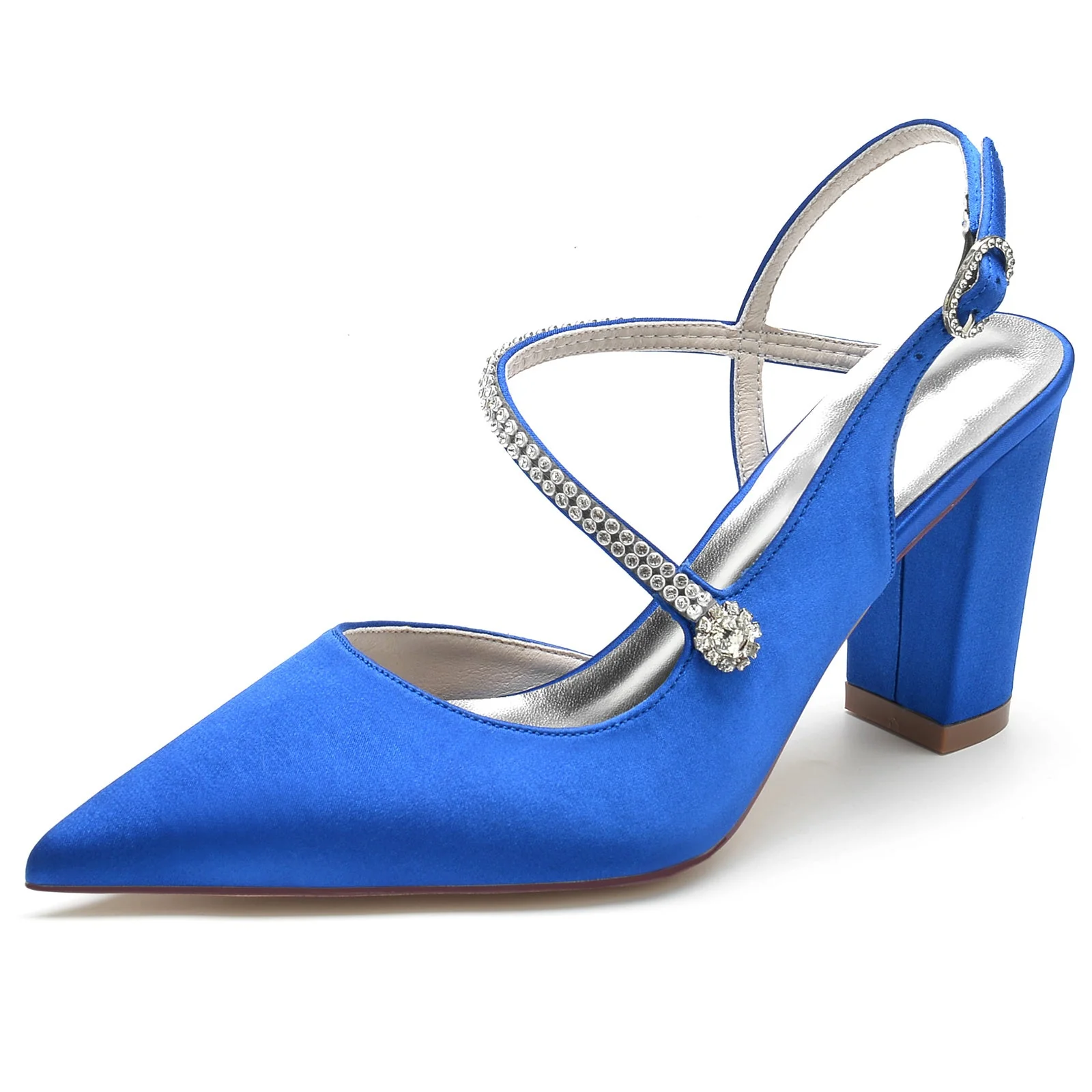Women's Wedding Shoes Silk Satin Crystal Block Heel Pointed Toe Buckle Bridal Shoes - Image 7