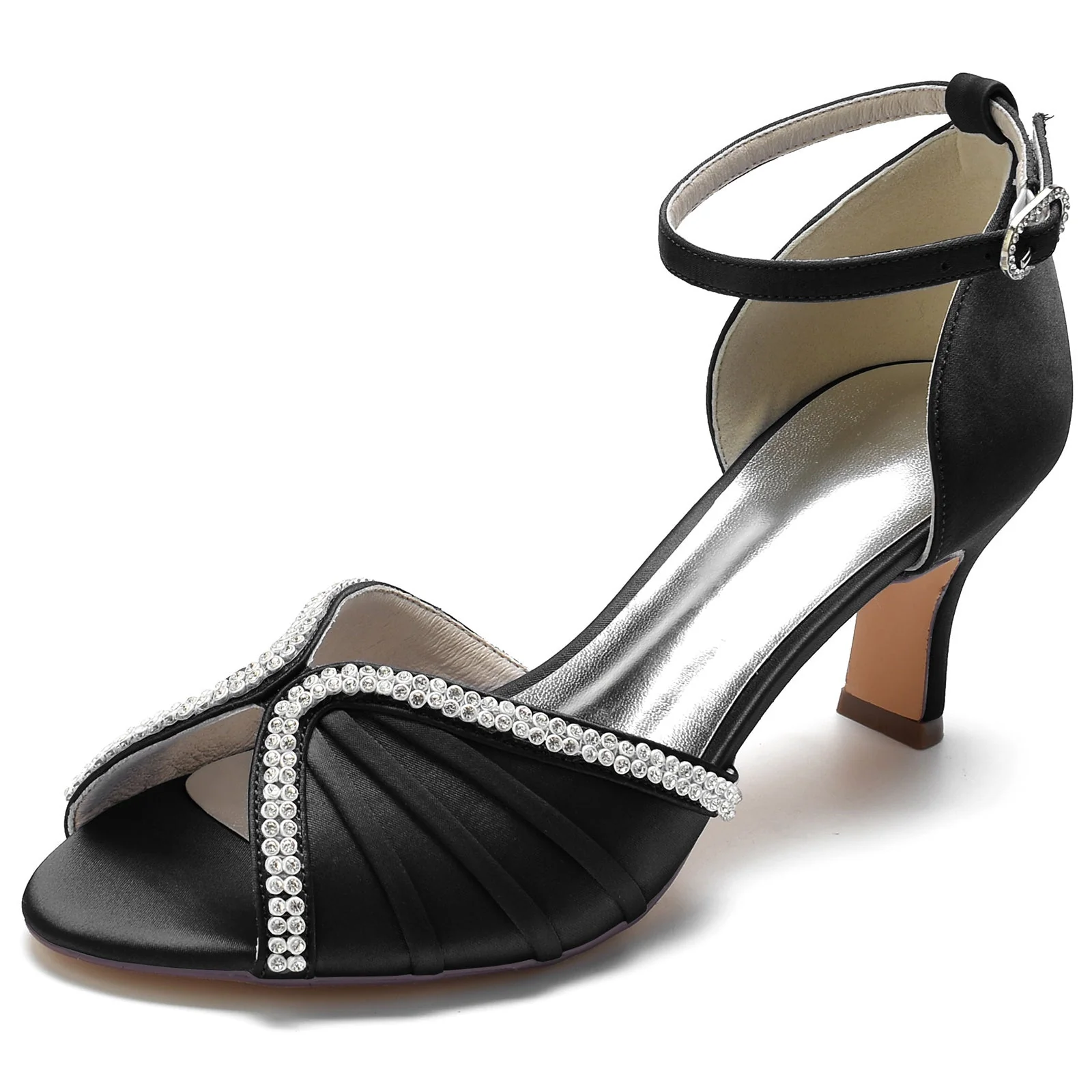 Women's Wedding Shoes Silk Satin Crystal Opened Toe Mid Heel Buckle Bridal Shoes - Image 6
