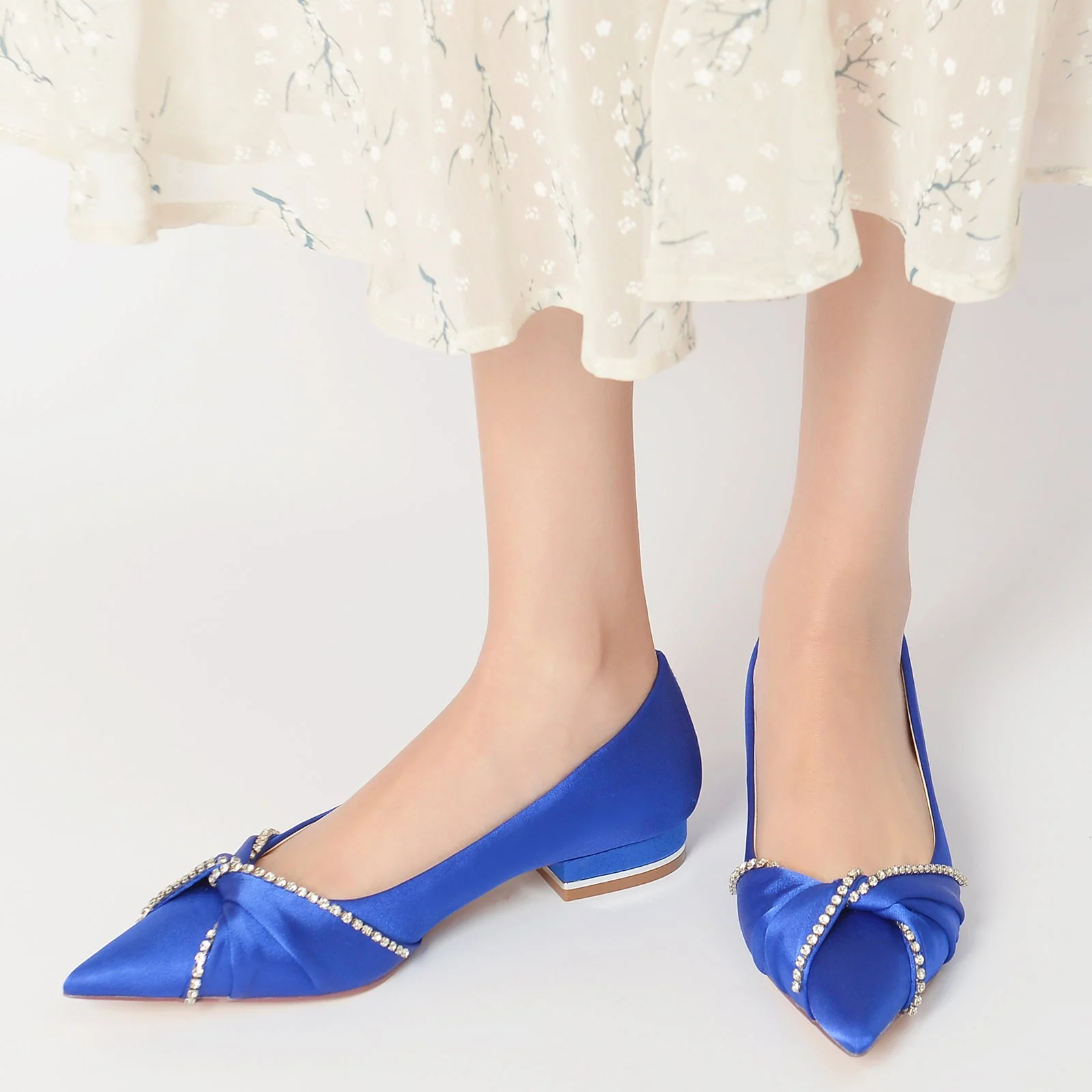Women's Wedding Shoes Silk Satin Imitation Crystal Low Pointed Toe Bridal Shoes - Image 6