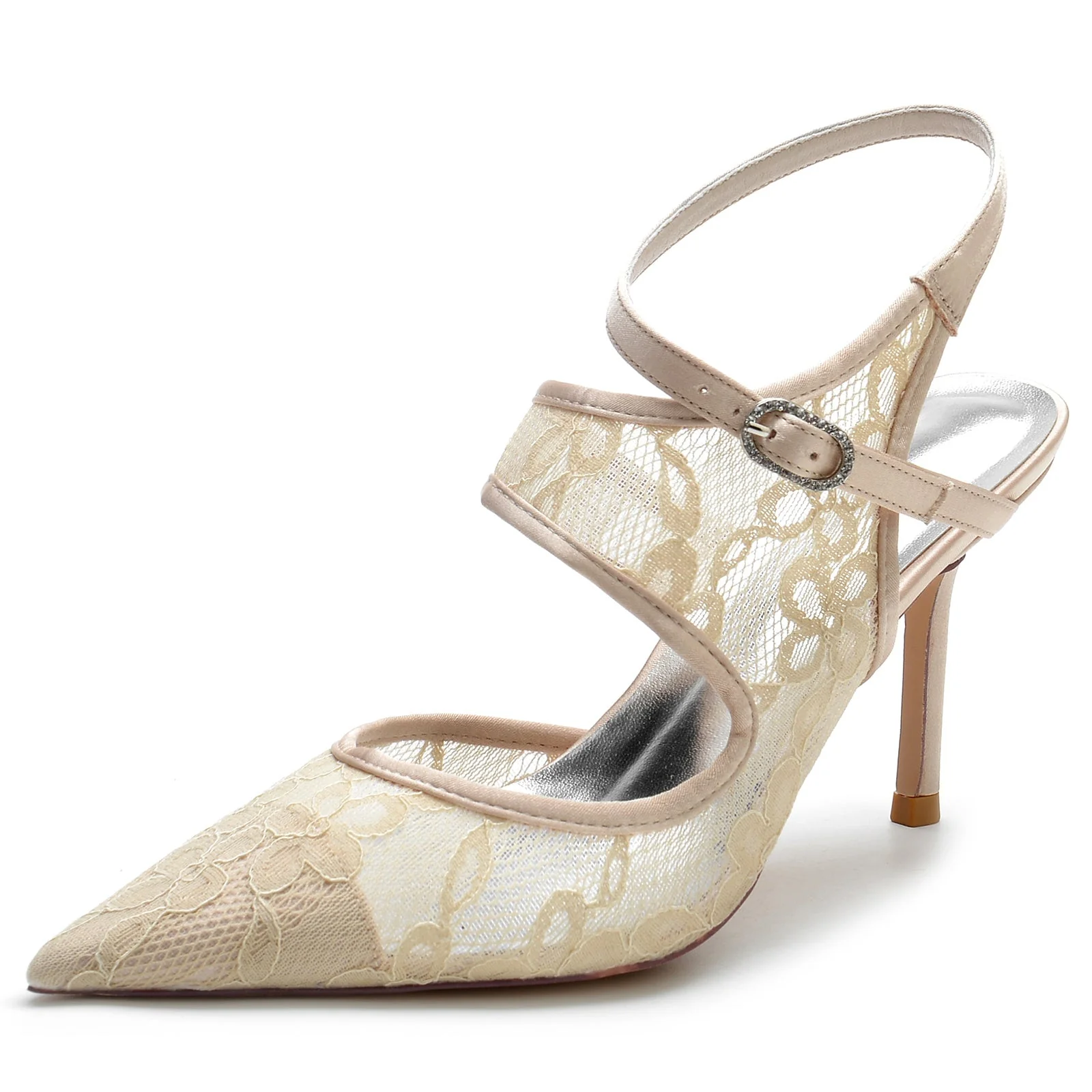Women's Wedding Shoes Silk Satin Lace Mesh Stiletto Pointed Toe Buckle Bridal Shoes - Image 8