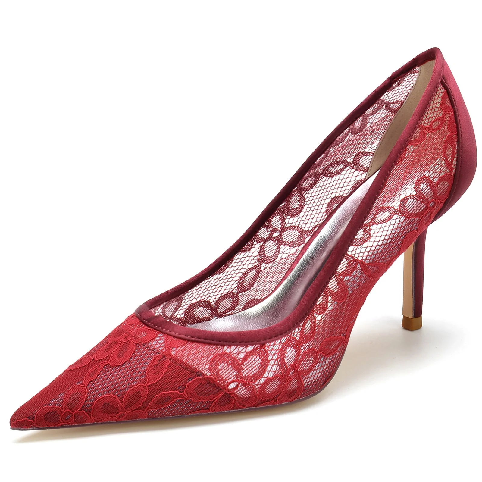 Women's Wedding Shoes Silk Satin Lacework Stiletto Pointed Toe Bridal Shoes - Image 7