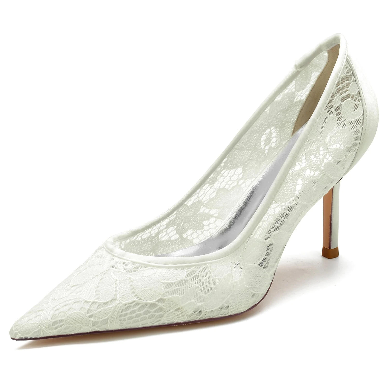 Women's Wedding Shoes Silk Satin Lacework Stiletto Pointed Toe Bridal Shoes - Image 9