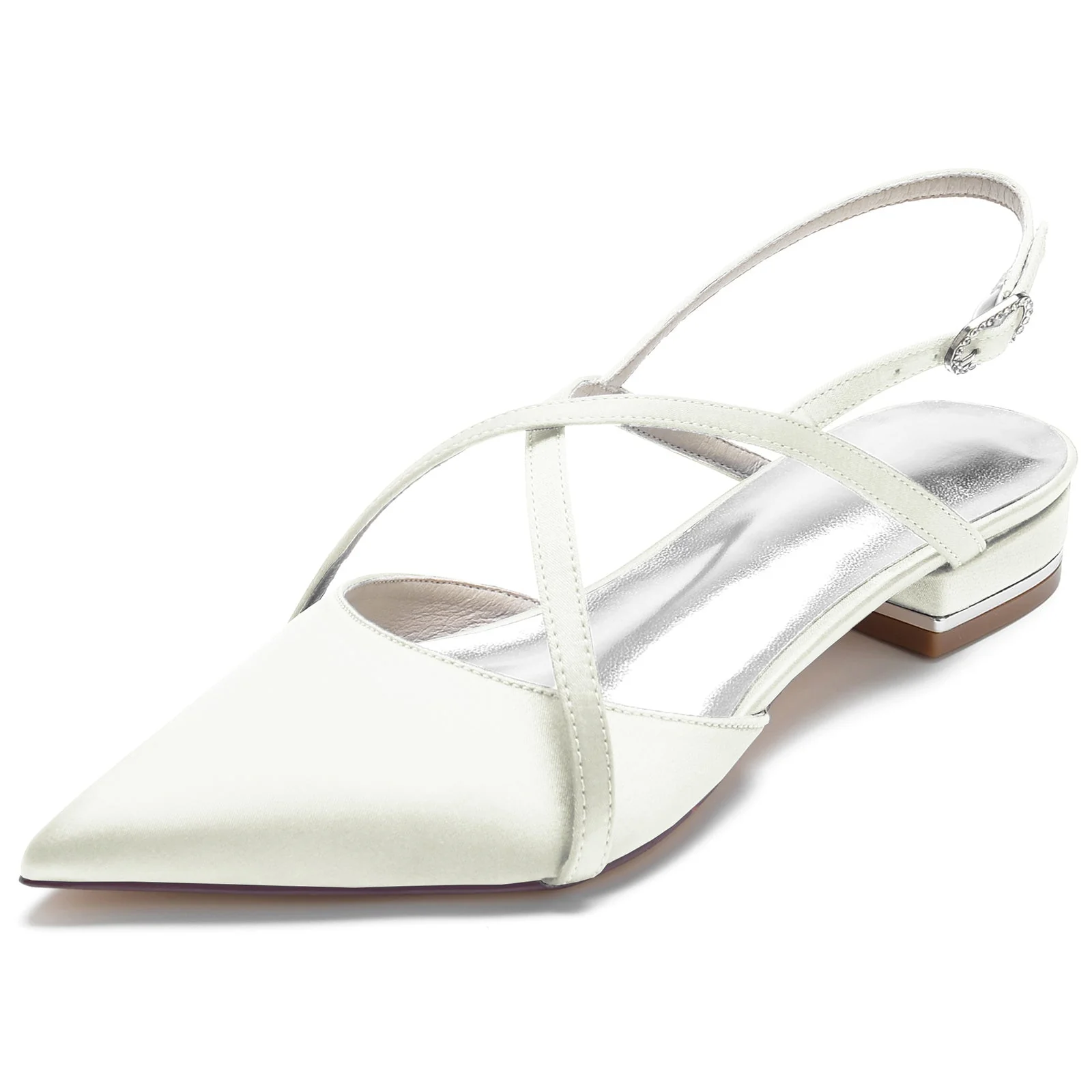 Women's Wedding Shoes Silk Satin Low Pointed Toe Crossed Ankle Strap Bridal Shoes - Image 7