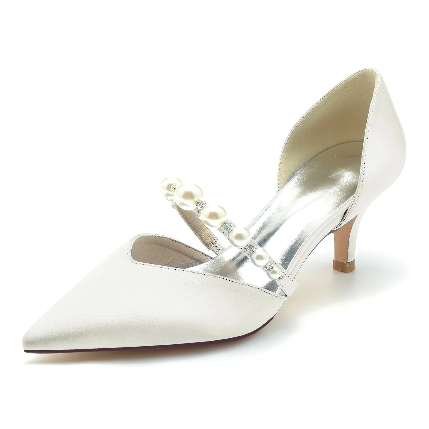 Women's Wedding Shoes Silk Satin Pearl Mid Heel Closed Toe Bridal Shoes - Image 6