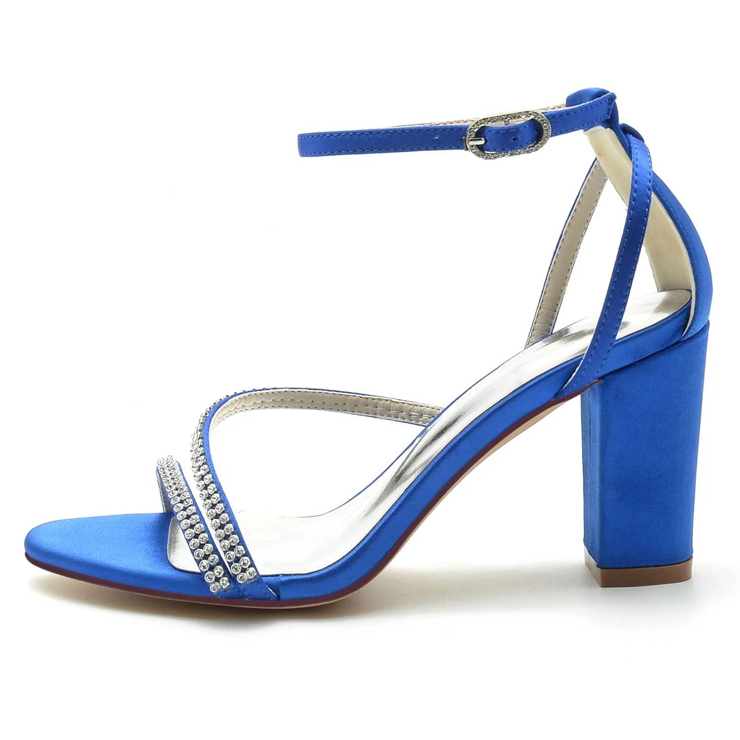 Women's Wedding Shoes Silk Satin Rhinestone Block Heel Peep Toe Buckle Bridal Shoes - Image 3