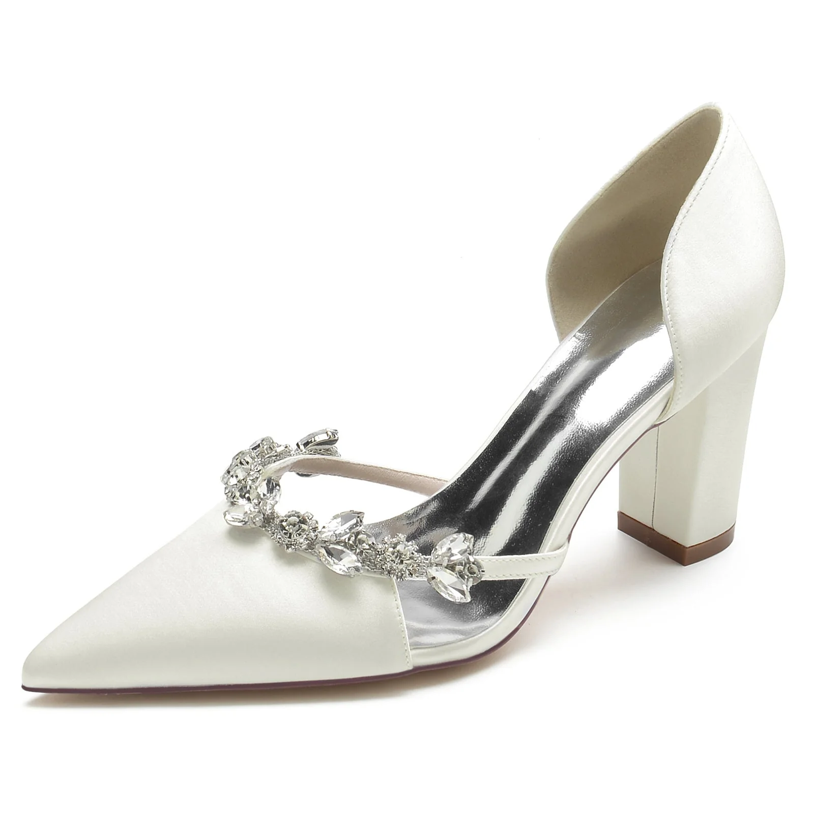 Women's Wedding Shoes Silk Satin Rhinestone Chunky Pointed Toe Bridal Shoes - Image 11