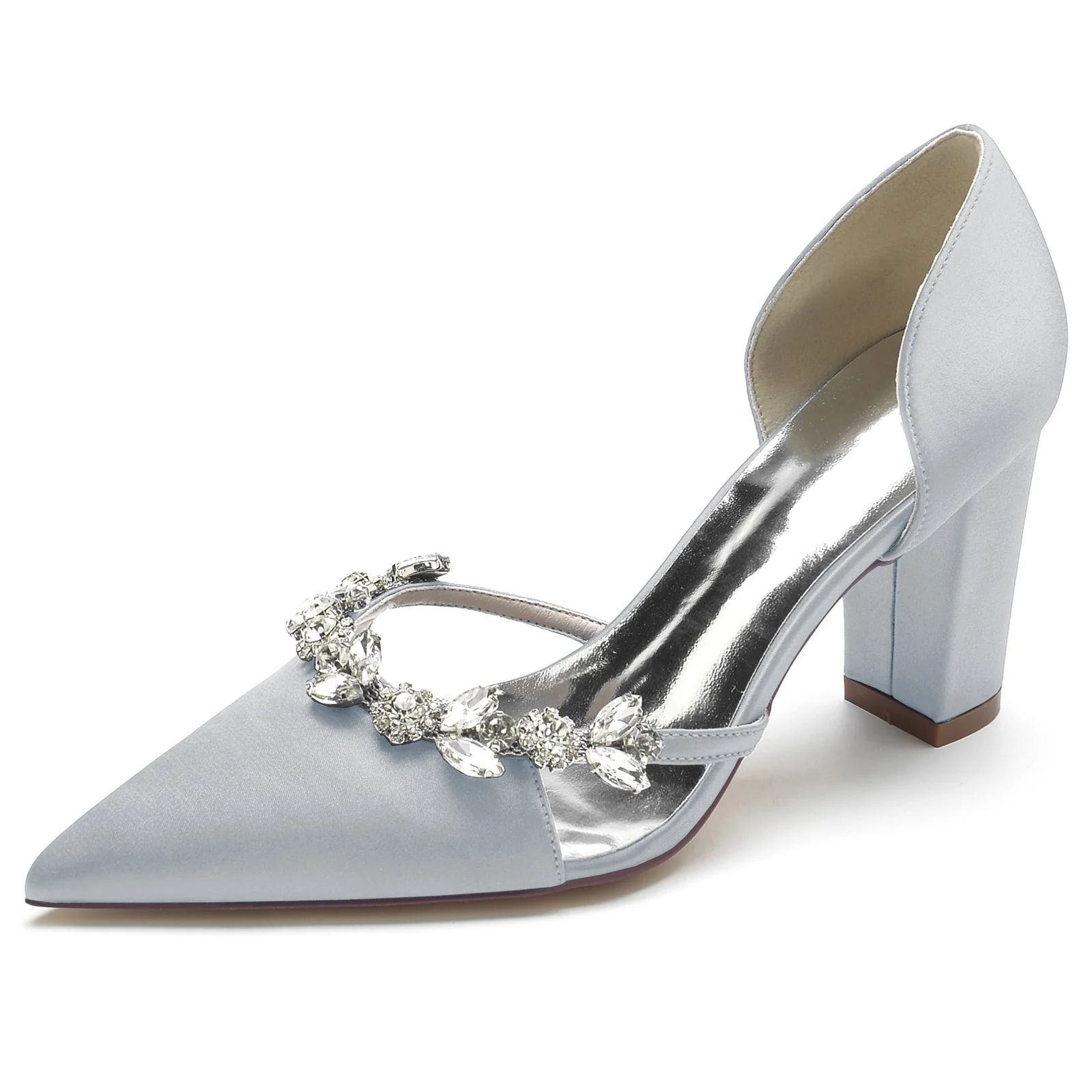 Women's Wedding Shoes Silk Satin Rhinestone Chunky Pointed Toe Bridal Shoes - Image 12