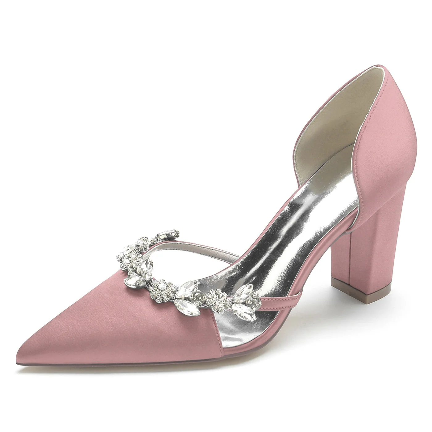 Women's Wedding Shoes Silk Satin Rhinestone Chunky Pointed Toe Bridal Shoes - Image 13