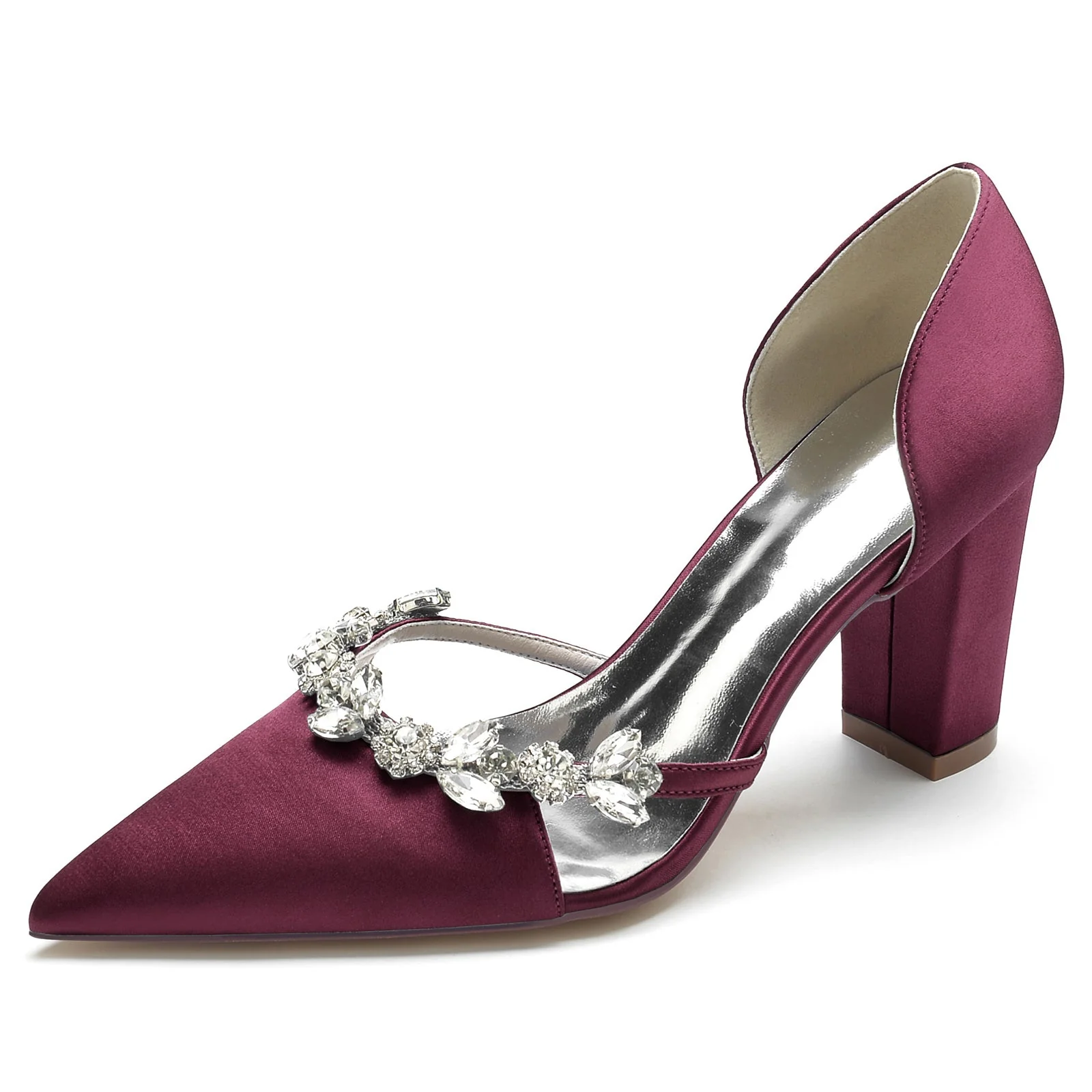 Women's Wedding Shoes Silk Satin Rhinestone Chunky Pointed Toe Bridal Shoes - Image 7